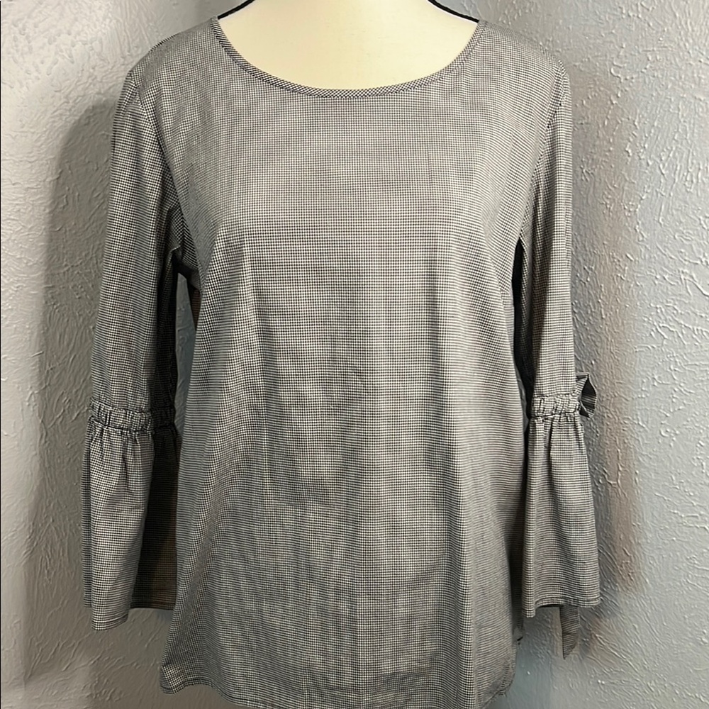 J. Crew Gray Micro-Check Bell Sleeve Blouse